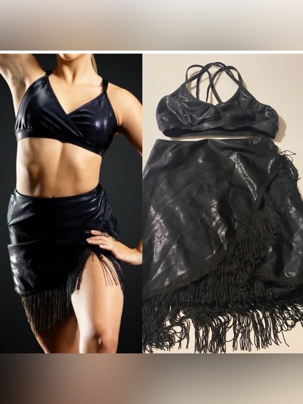 LA dance solo costume black metallic 2 piece fringe SAMBA SKIRT SA-Small adult